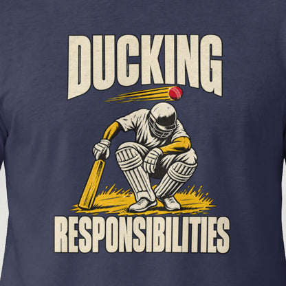 Navy Blue Ducking Responsibilities cricket t-shirt, close-up of the crouching batsman print on the model