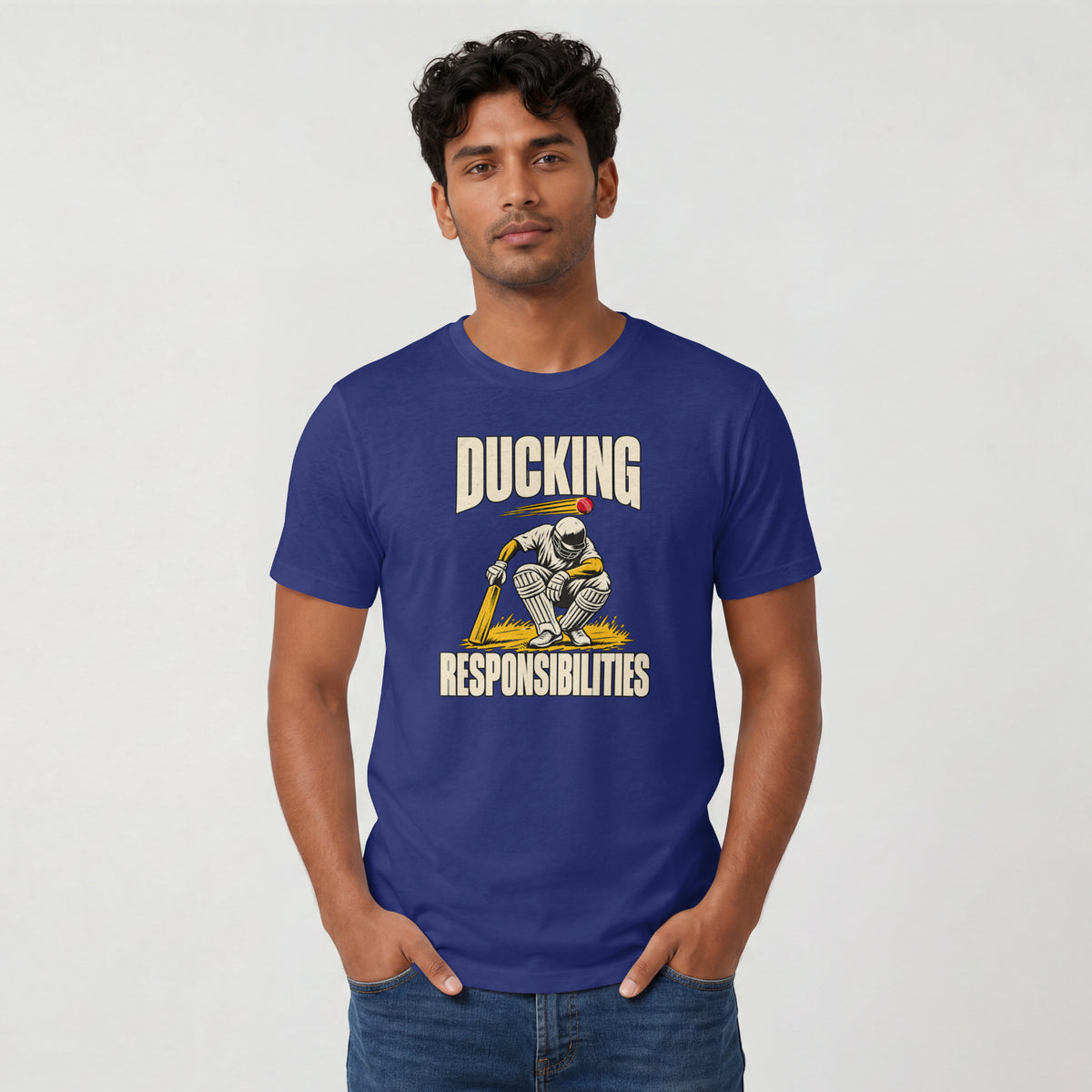 Royal Blue Ducking Responsibilities unisex cricket graphic t-shirt, lifestyle view