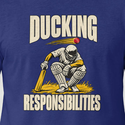 Royal Blue Ducking Responsibilities cricket t-shirt, close-up of the crouching batsman print on the model