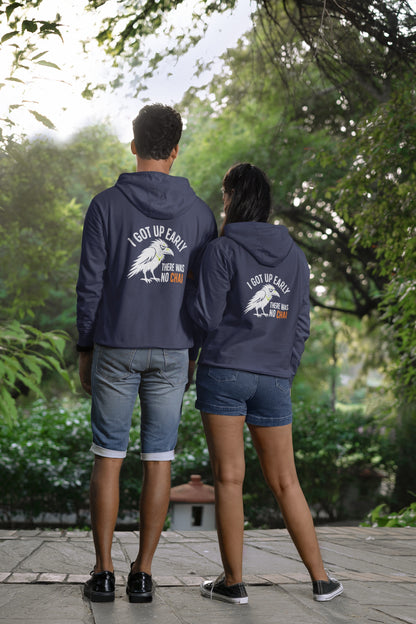 Navy Blue unisex hoodie with white crow and no chai slogan back print, worn by a couple seen from behind