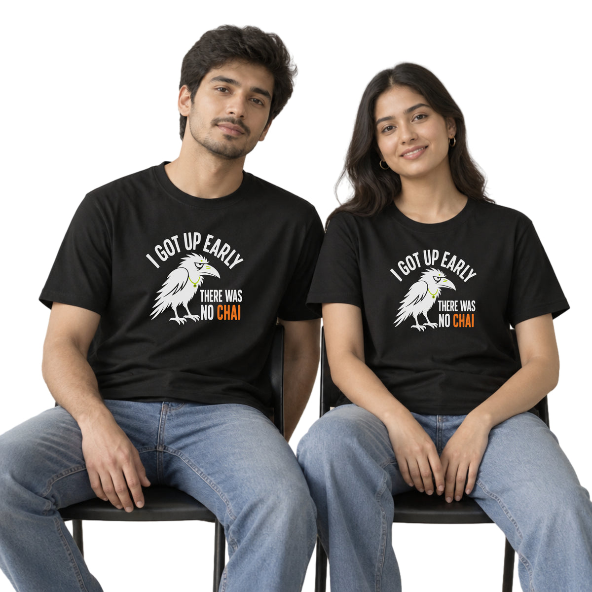Black Early Bird No Chai funny chai t-shirt worn by a man and a woman
