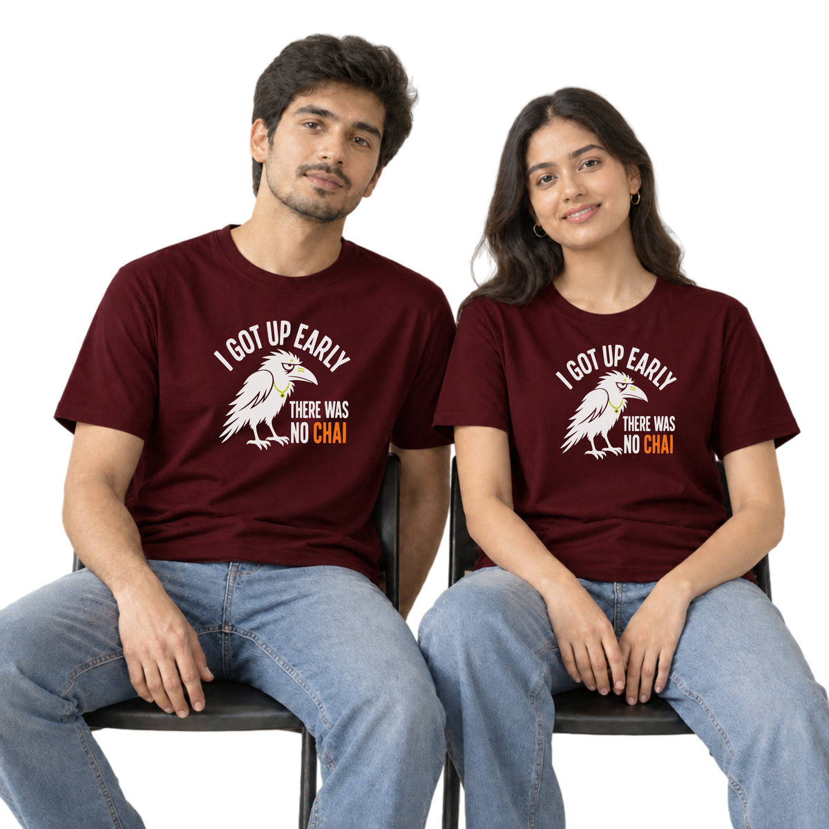 Maroon Early Bird No Chai funny chai t-shirt worn by a man and a woman