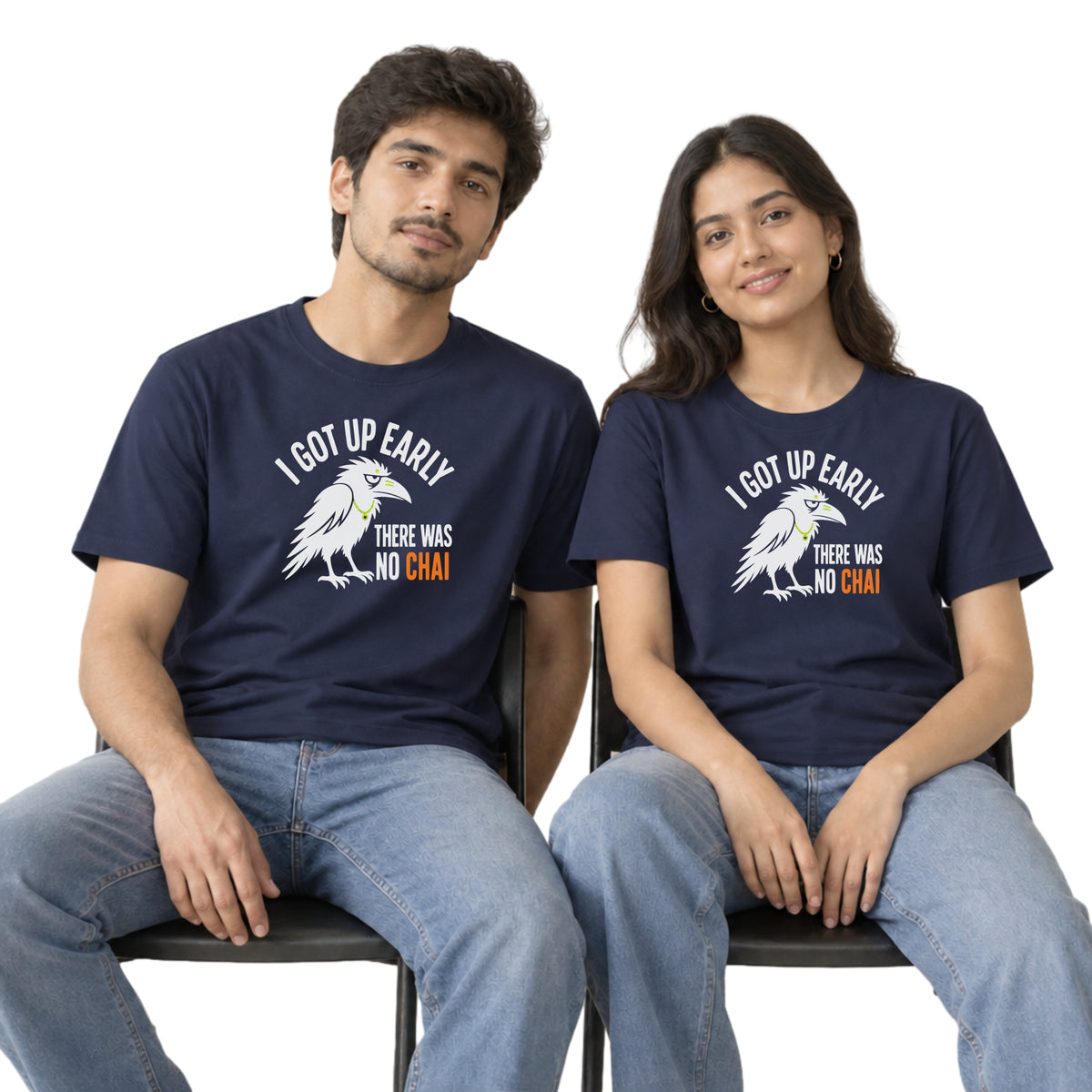 Navy Blue Early Bird No Chai funny chai t-shirt worn by a man and a woman