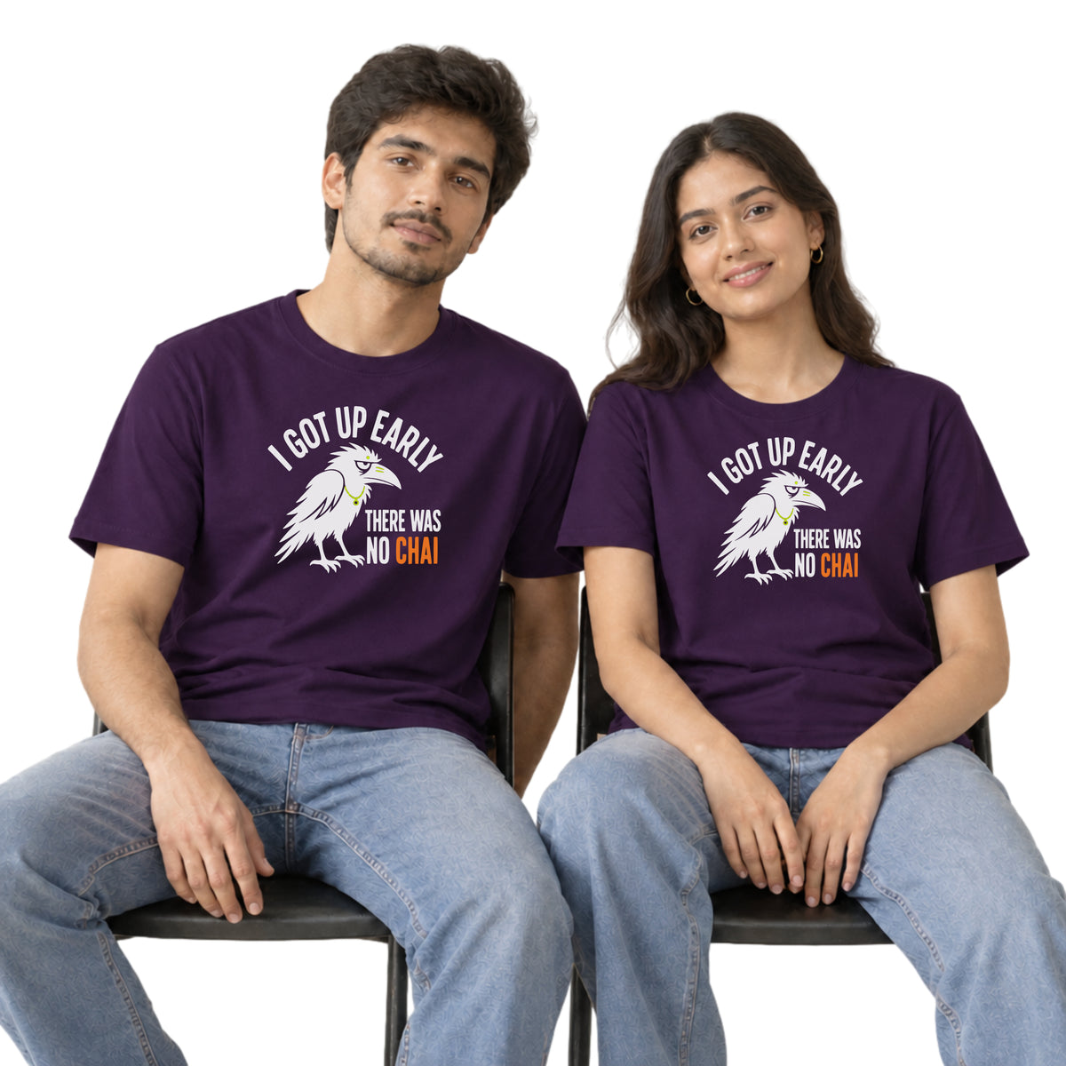 Purple Early Bird No Chai funny chai t-shirt worn by a man and a woman
