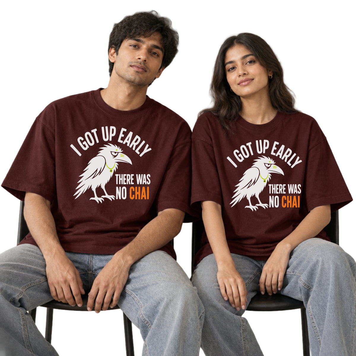 Maroon Early Bird No Chai funny chai oversized t-shirt worn by a man and a woman