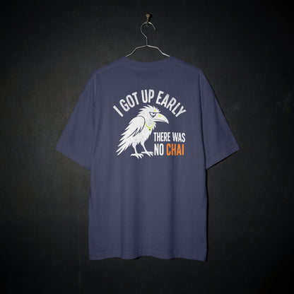 Navy Blue Early Bird No Chai funny chai oversized t-shirt flat on a hanger