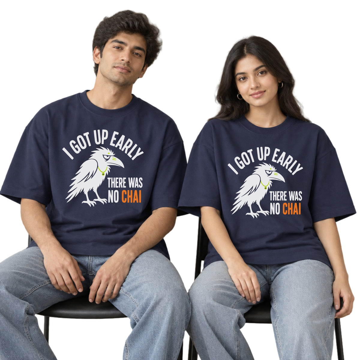 Navy Blue Early Bird No Chai funny chai oversized t-shirt worn by a man and a woman