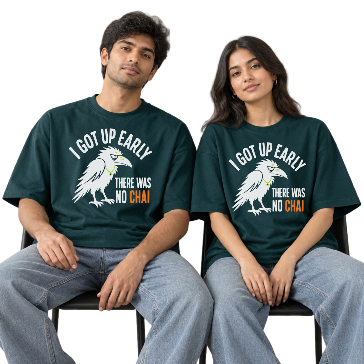 Petrol Blue Early Bird No Chai funny chai oversized t-shirt worn by a man and a woman
