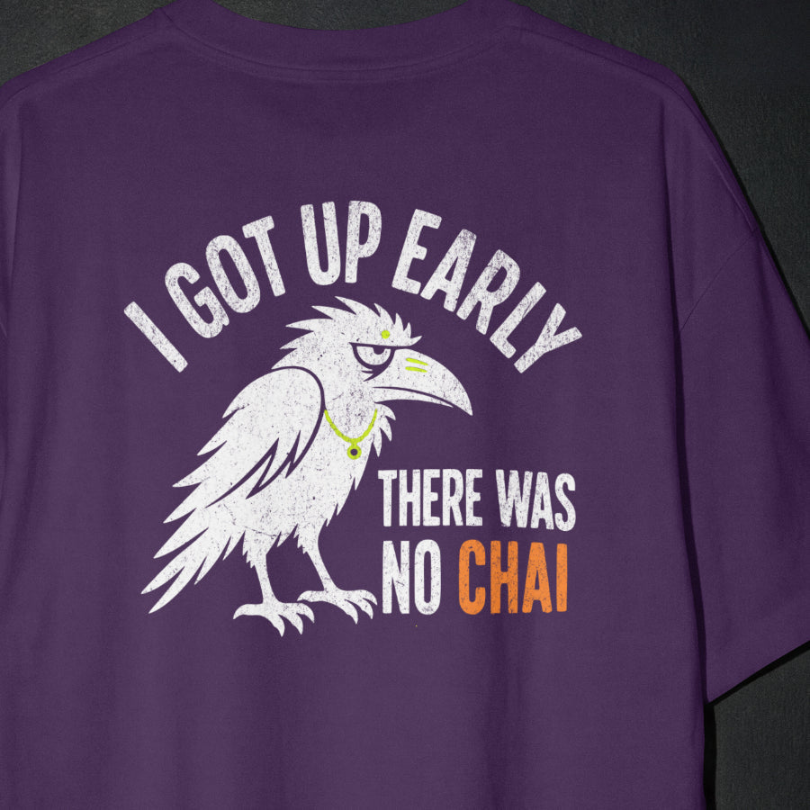 Purple Early Bird No Chai funny chai oversized t-shirt print close-up