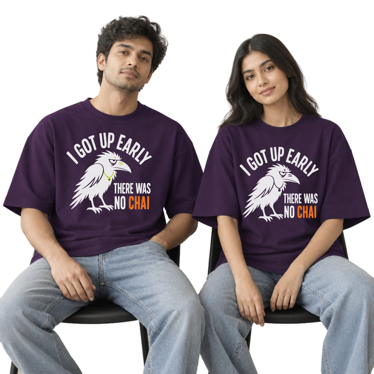 Purple Early Bird No Chai funny chai oversized t-shirt worn by a man and a woman