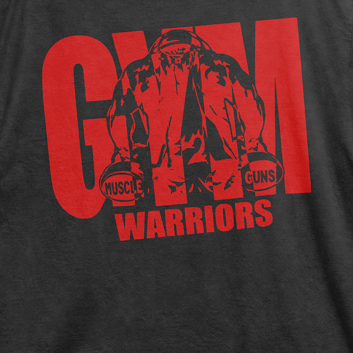 Close-up of red Gym Warriors muscle graphic printed on black cotton T-shirt