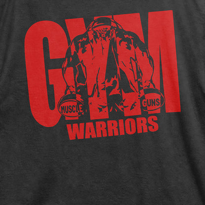 Close-up of red Gym Warriors muscle graphic printed on black cotton T-shirt