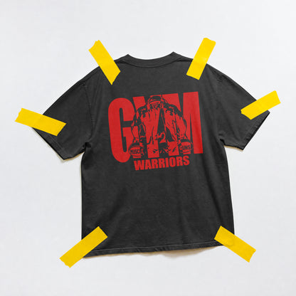 Black Gym Warriors cotton T-shirt flat lay showing red front print