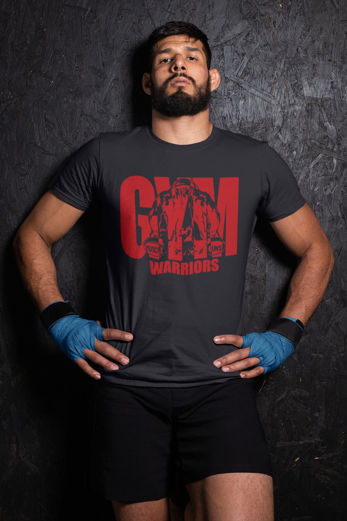 Man wearing black Gym Warriors printed crew neck cotton T-shirt with red gym graphic