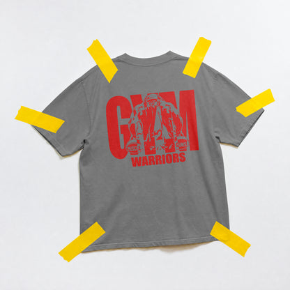 Charcoal grey Gym Warriors cotton T-shirt flat lay showing red front print
