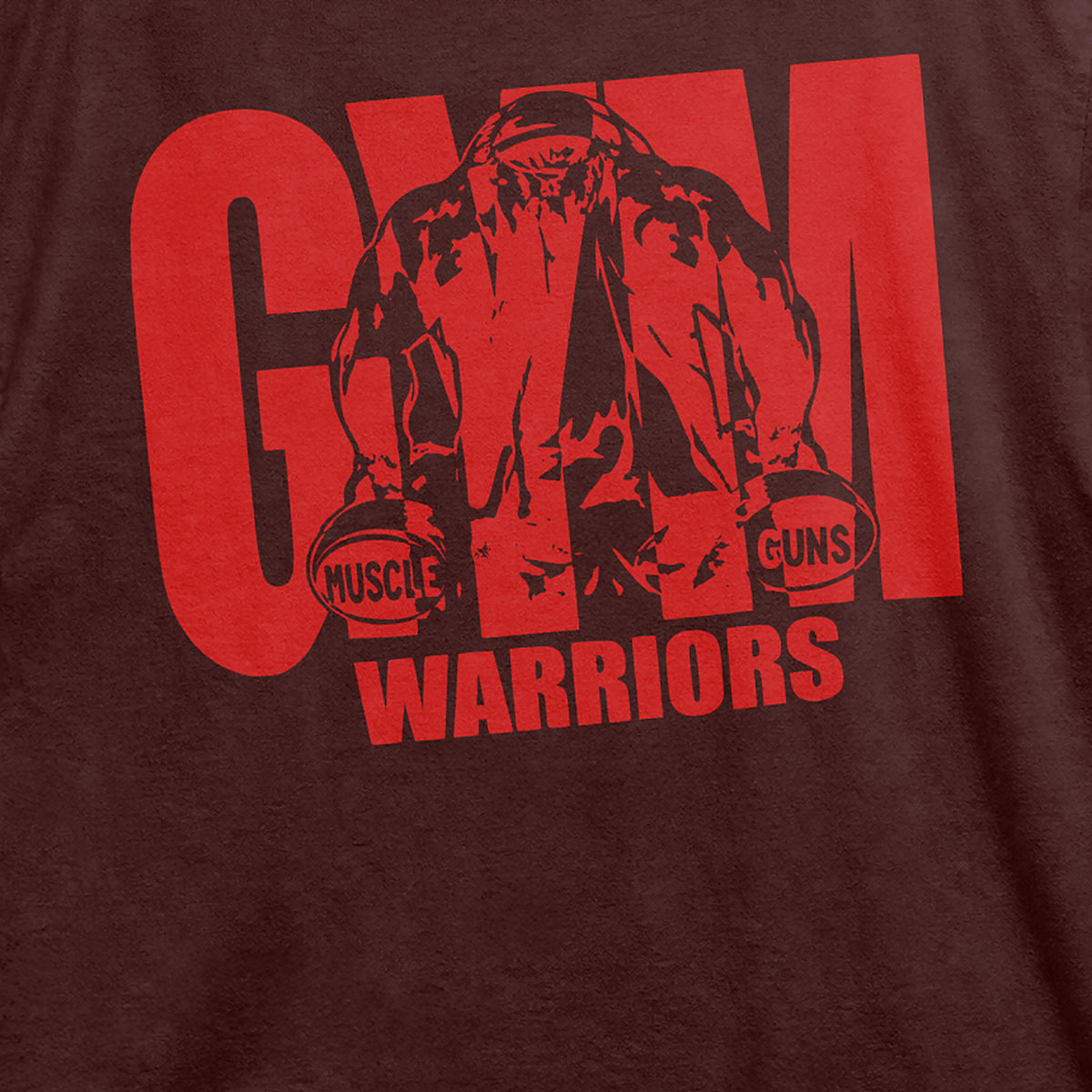 Close-up of red Gym Warriors muscle graphic printed on maroon cotton T-shirt