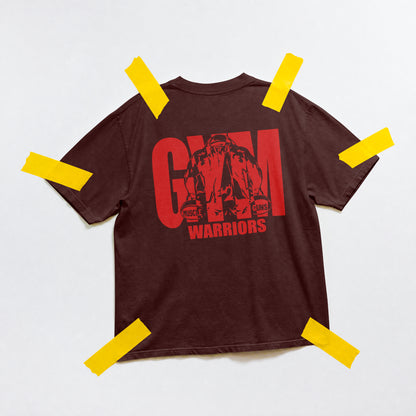 Maroon Gym Warriors cotton T-shirt flat lay showing red front print