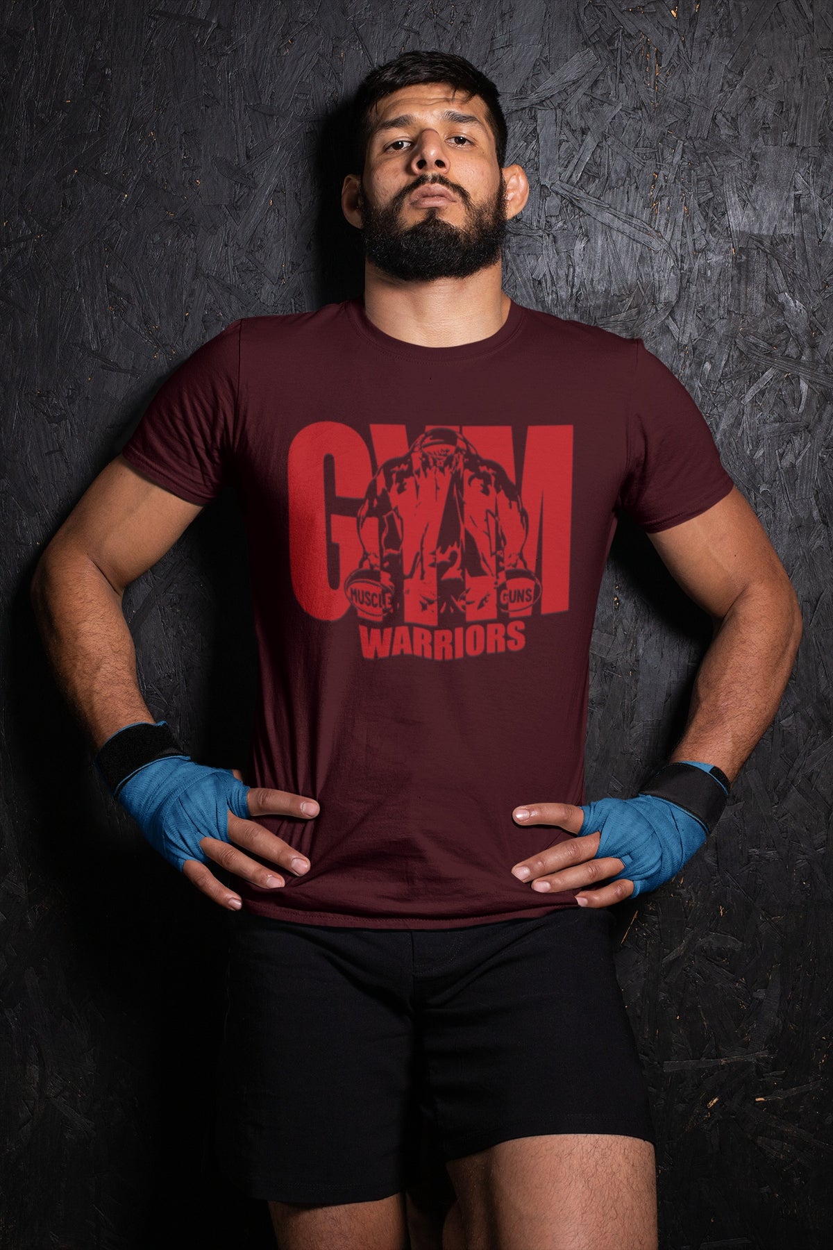Man wearing maroon Gym Warriors printed crew neck cotton T-shirt