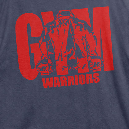 Close-up of red Gym Warriors muscle graphic printed on navy blue cotton T-shirt