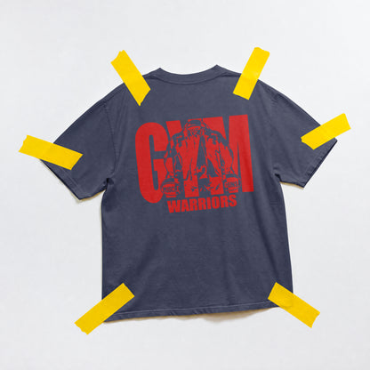 Navy blue Gym Warriors cotton T-shirt flat lay showing red front print