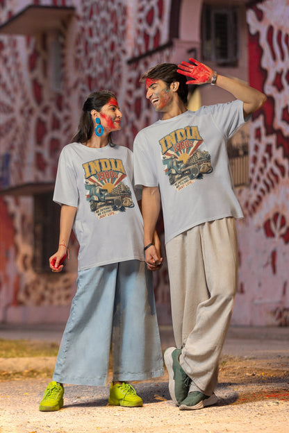 Couple wearing the India 80s retro oversized t-shirt in Melange Grey – relaxed unisex oversized fit