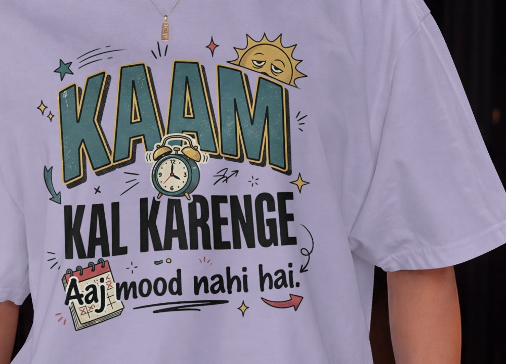 Lavender Nauma oversized t-shirt design close-up of 'Kaam Kal Karenge' typography and doodle artwork.