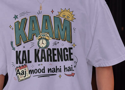 Lavender Nauma oversized t-shirt design close-up of 'Kaam Kal Karenge' typography and doodle artwork.