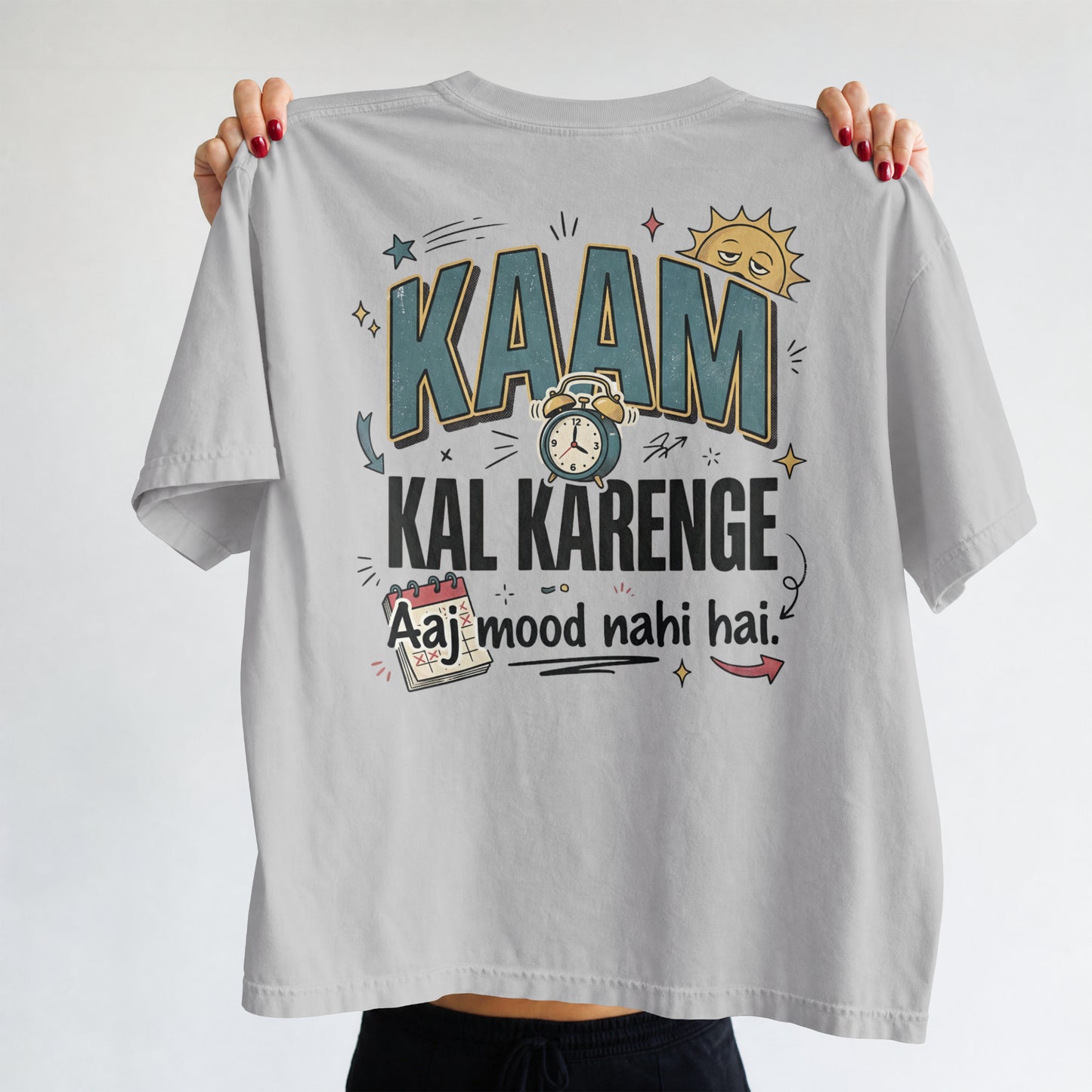 Melange grey Nauma oversized t-shirt, front view, featuring 'Kaam Kal Karenge' typography and doodle art.