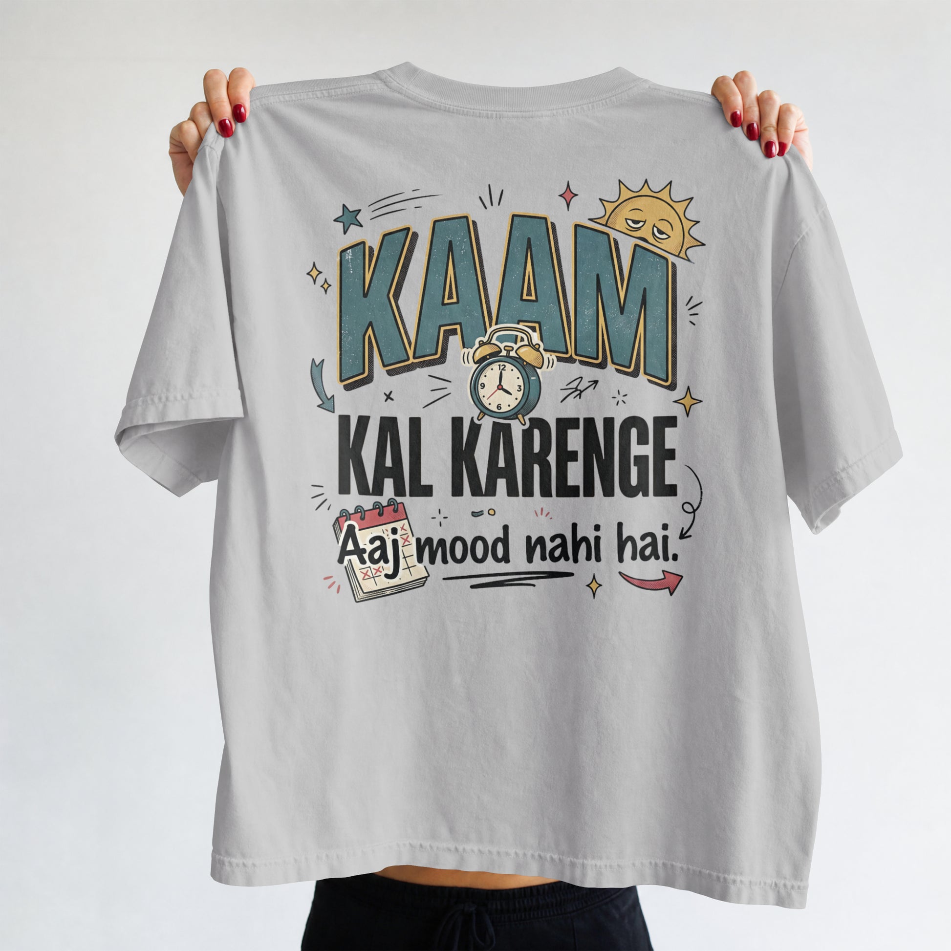 Melange grey Nauma oversized t-shirt, front view, featuring 'Kaam Kal Karenge' typography and doodle art.