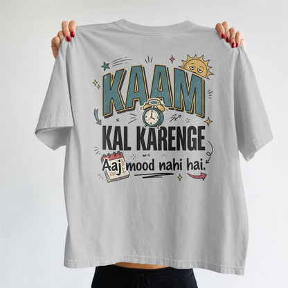 Melange grey Nauma oversized t-shirt, front view, featuring 'Kaam Kal Karenge' typography and doodle art.