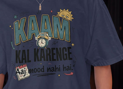 Navy blue Nauma oversized t-shirt design close-up of 'Kaam Kal Karenge' typography and doodle artwork.