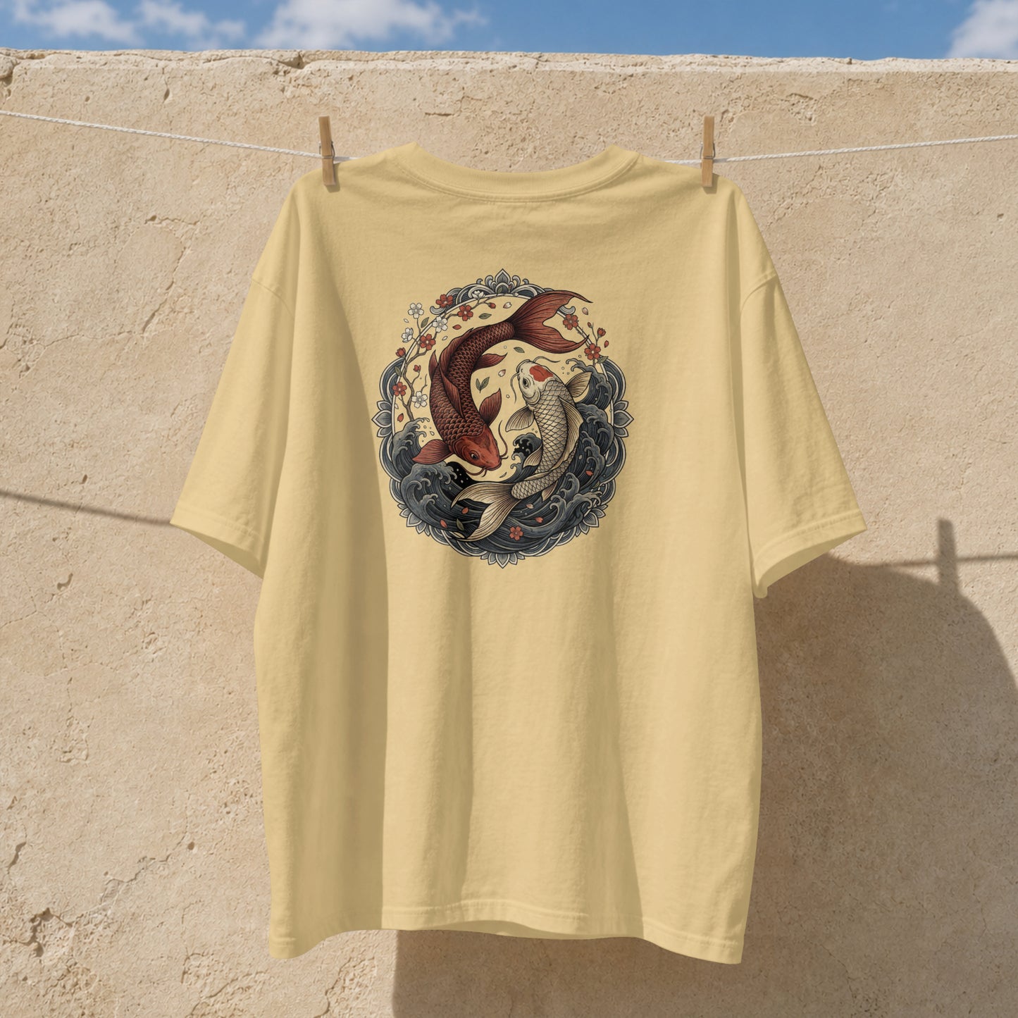 Nauma beige koi fish yin yang cotton T-shirt hanging outdoors, front print detail