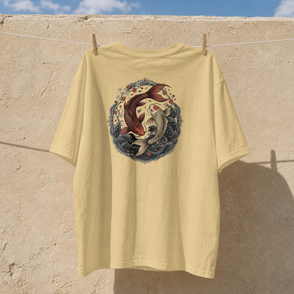 Nauma beige koi fish yin yang cotton T-shirt hanging outdoors, front print detail