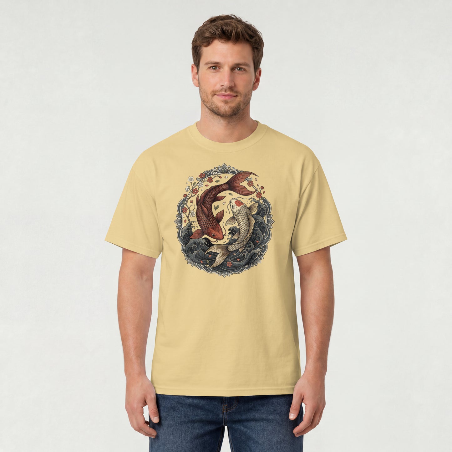 Man wearing Nauma beige koi fish yin yang graphic cotton T-shirt, front view