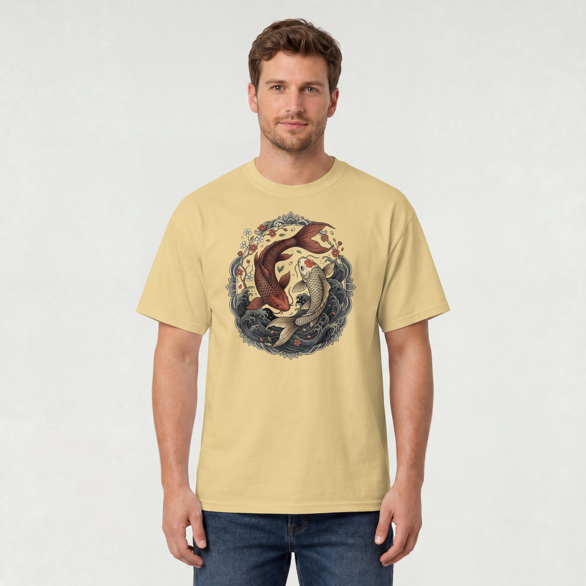 Man wearing Nauma beige koi fish yin yang graphic cotton T-shirt, front view