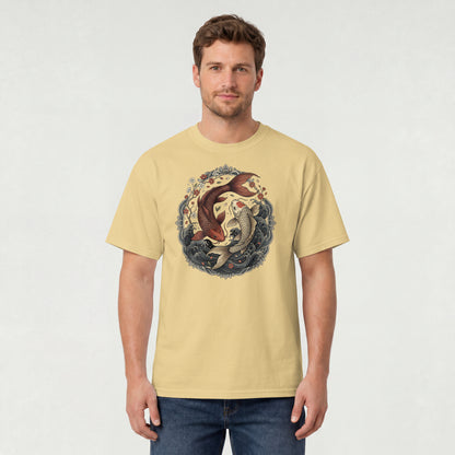 Man wearing Nauma beige koi fish yin yang graphic cotton T-shirt, front view
