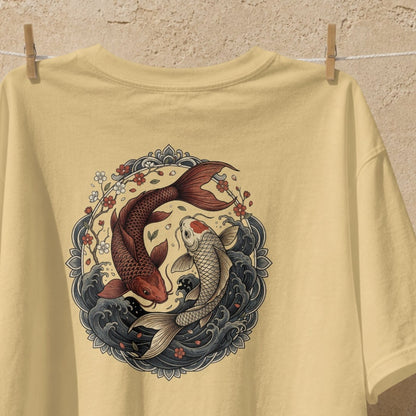 Close-up of the koi fish yin yang print on the Nauma beige cotton T-shirt