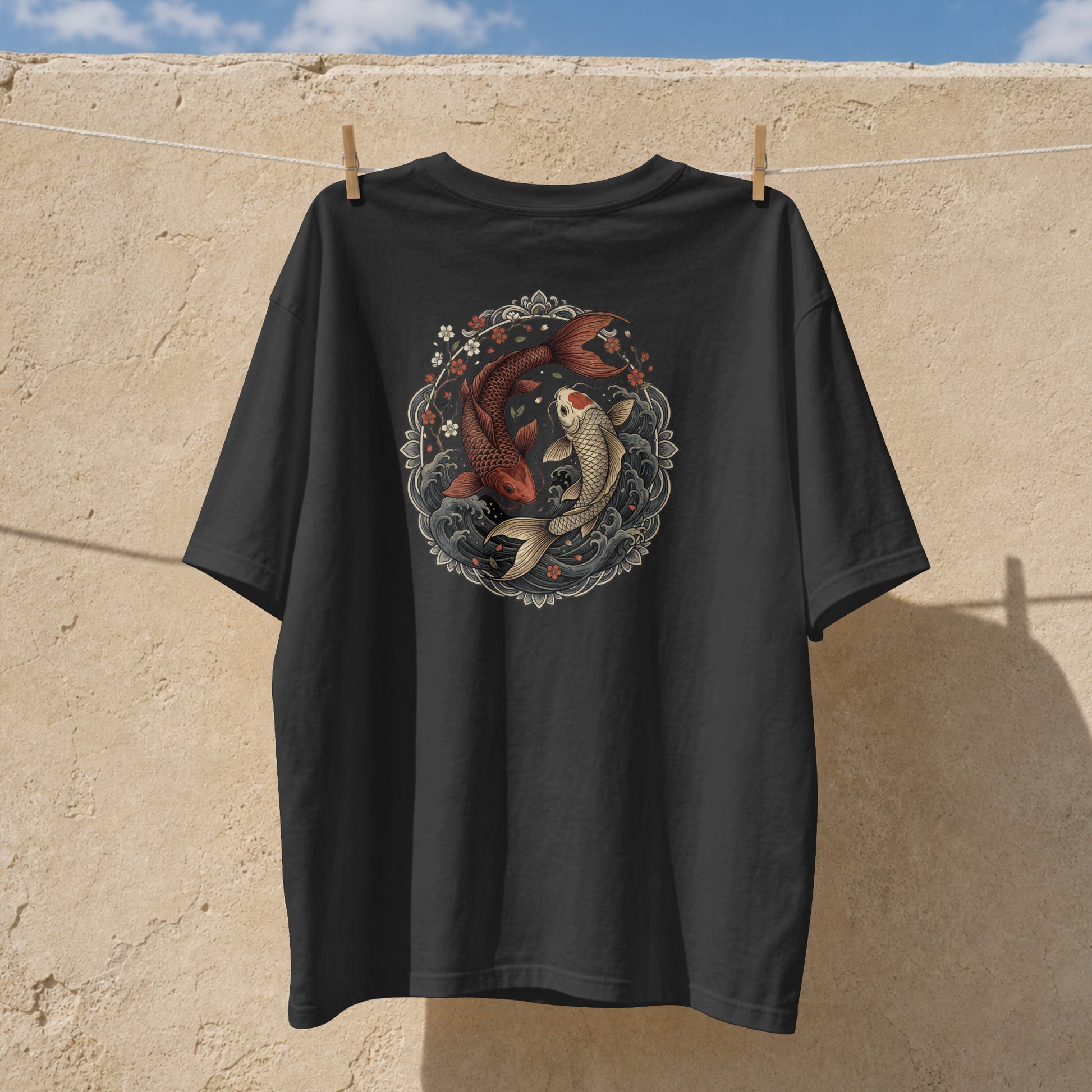 Nauma black koi fish yin yang cotton T-shirt hanging outdoors, front print detail