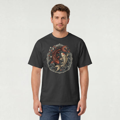 Man wearing Nauma black koi fish yin yang graphic cotton T-shirt, front view