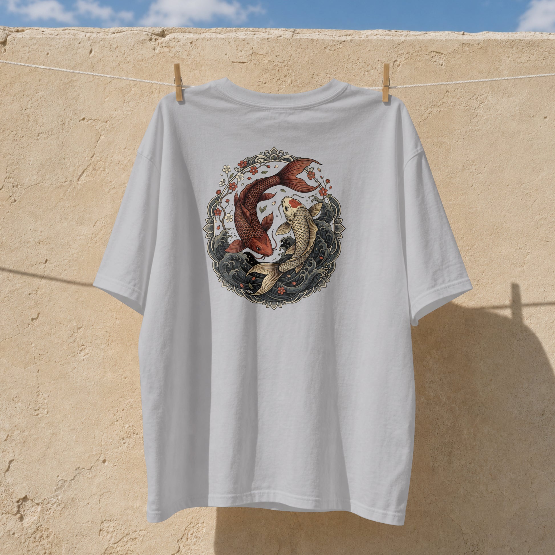 Nauma melange grey koi fish yin yang cotton T-shirt hanging outdoors, front print detail