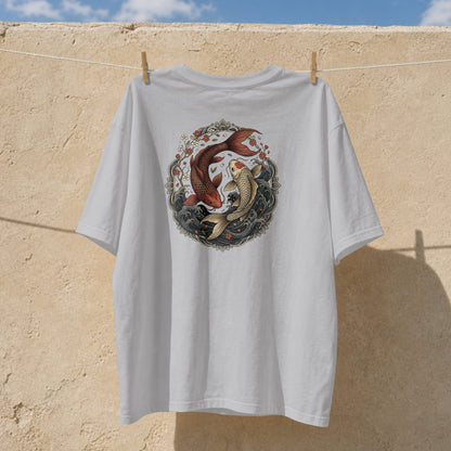 Nauma melange grey koi fish yin yang cotton T-shirt hanging outdoors, front print detail