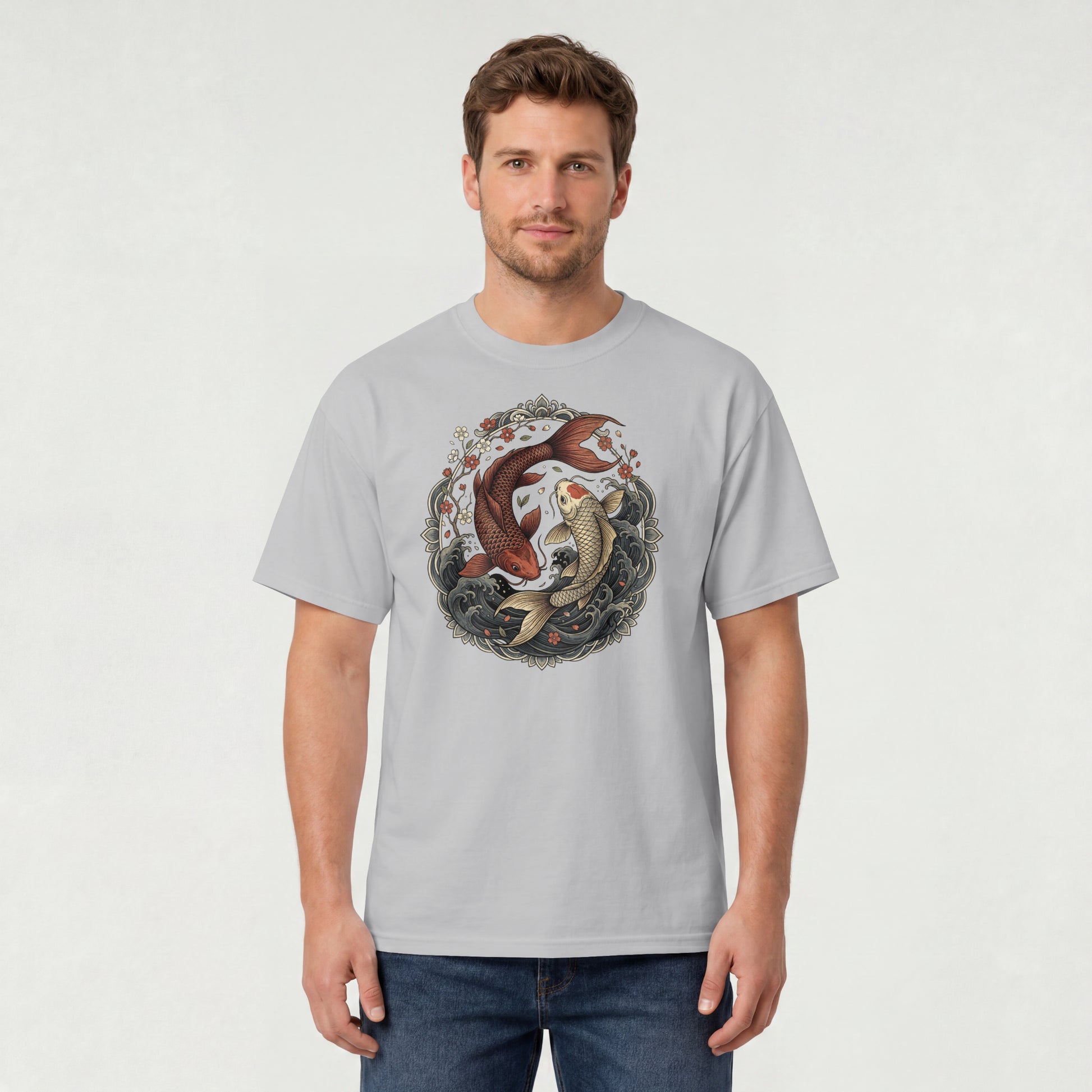 Man wearing Nauma melange grey koi fish yin yang graphic cotton T-shirt, front view
