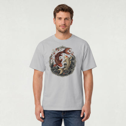 Man wearing Nauma melange grey koi fish yin yang graphic cotton T-shirt, front view