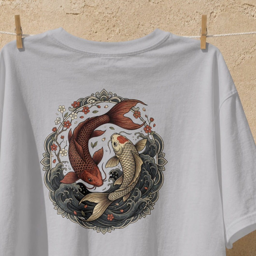 Close-up of the koi fish yin yang print on the Nauma melange grey cotton T-shirt