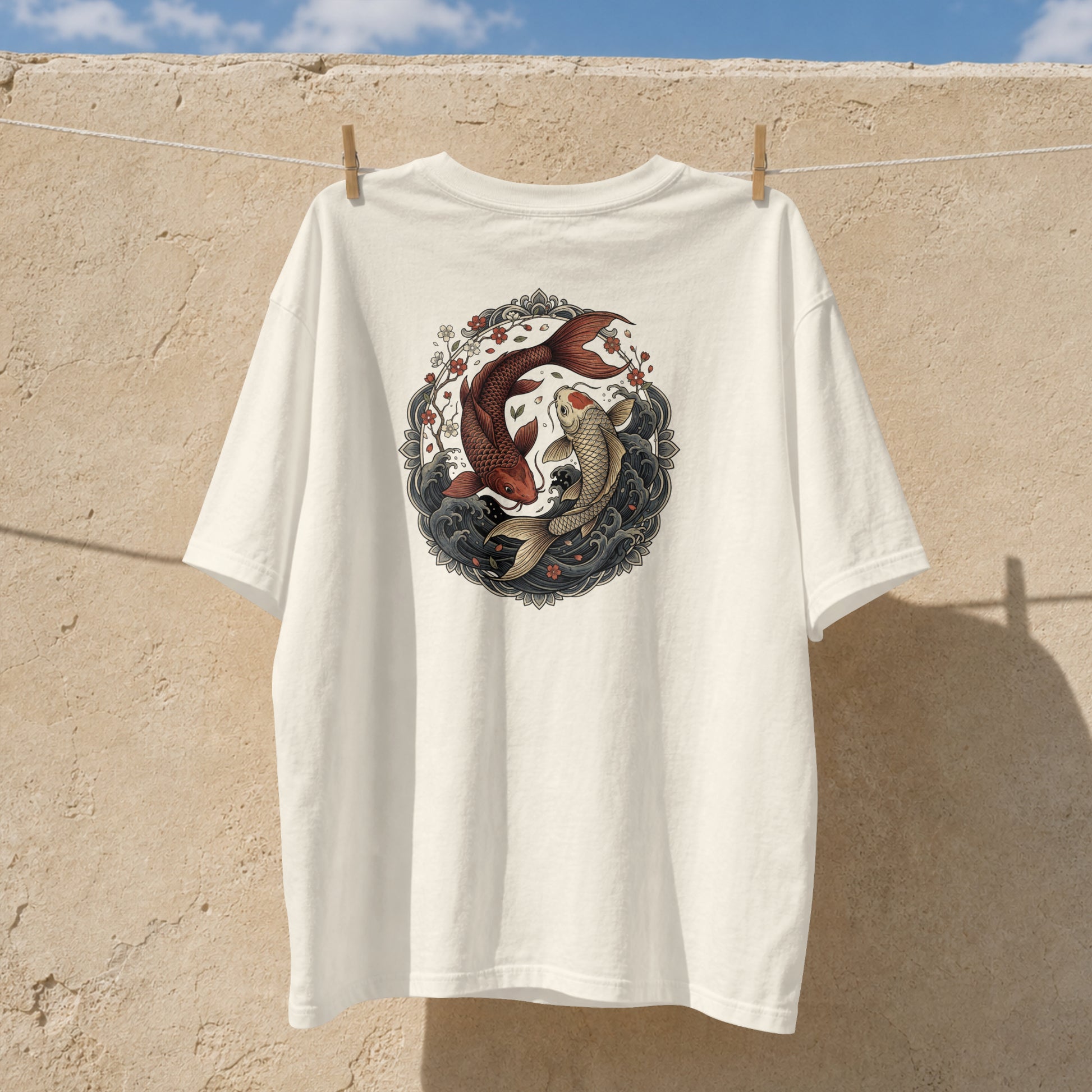 Nauma off white koi fish yin yang cotton T-shirt hanging outdoors, front print detail