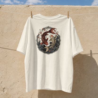 Nauma off white koi fish yin yang cotton T-shirt hanging outdoors, front print detail