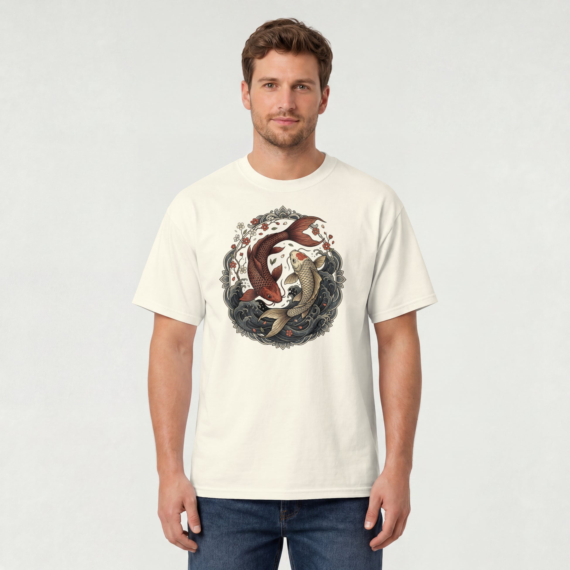 Man wearing Nauma off white koi fish yin yang graphic cotton T-shirt, front view