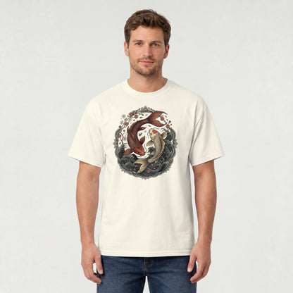 Man wearing Nauma off white koi fish yin yang graphic cotton T-shirt, front view