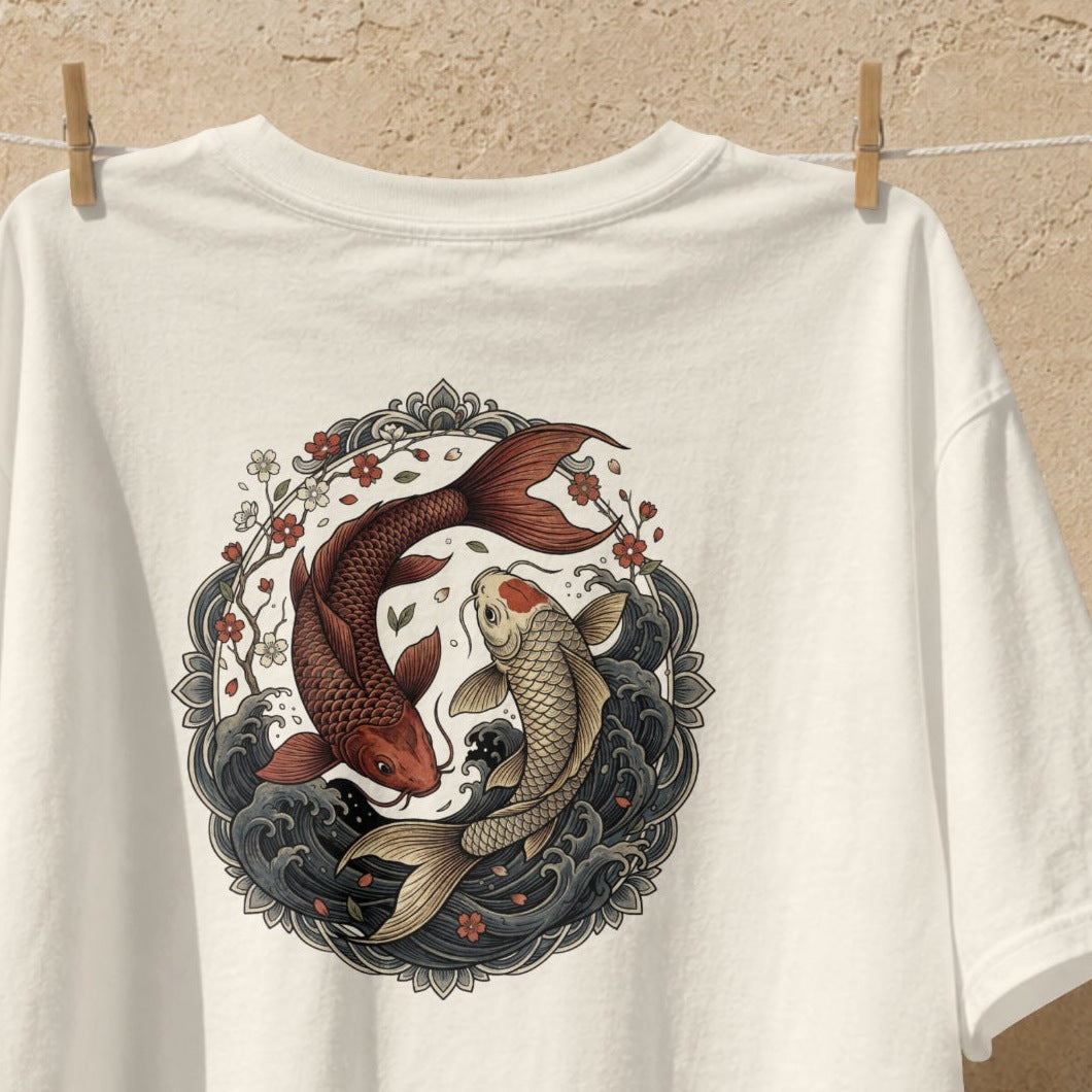 Close-up of the koi fish yin yang print on the Nauma off white cotton T-shirt