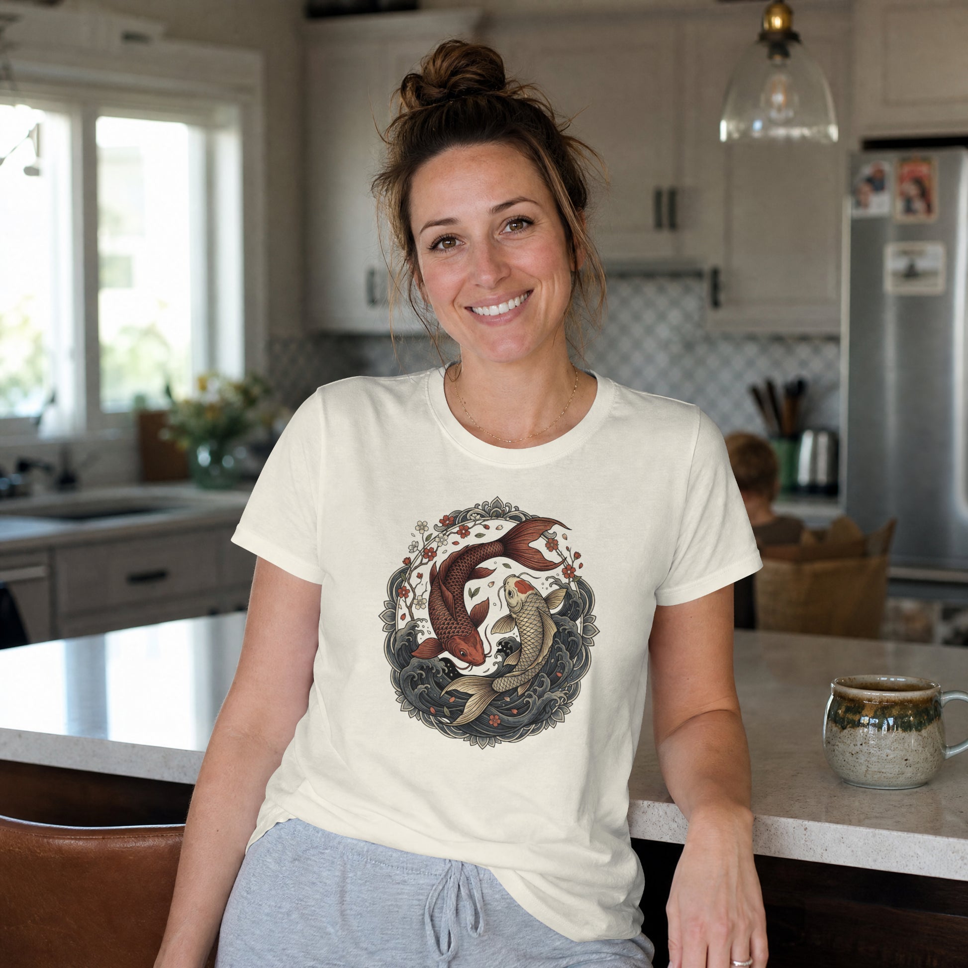Woman wearing Nauma off white koi fish yin yang graphic cotton T-shirt, front view